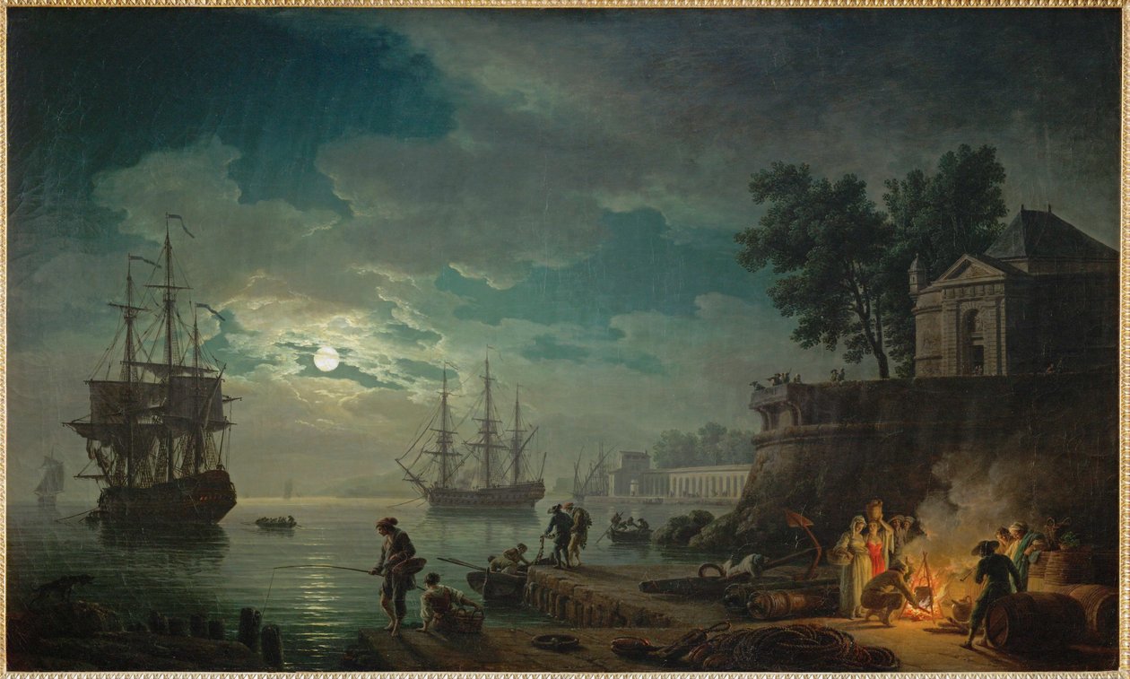 À noite, um porto marítimo iluminado pela lua ... de Claude Joseph Vernet