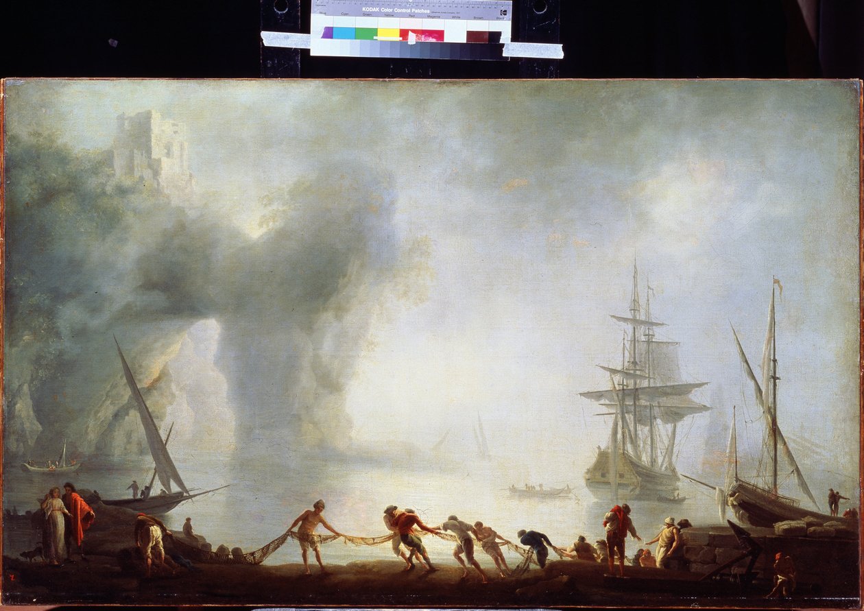 Alvorada sobre Capri, névoa. Pintura de Claude Joseph Vernet (1714-1789). Óleo sobre tela, 92 x 150 cm, cerca de 1745. Escola francesa do século XVIII. Pushkin Museum of Fine Arts, Moscovo. de Claude Joseph Vernet