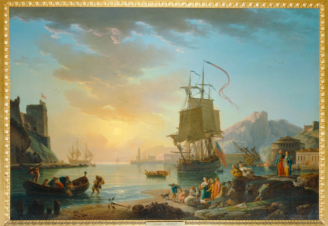 Marine, soleil couchant - Pintura à beira-mar com o pôr do sol ... de Claude Joseph Vernet