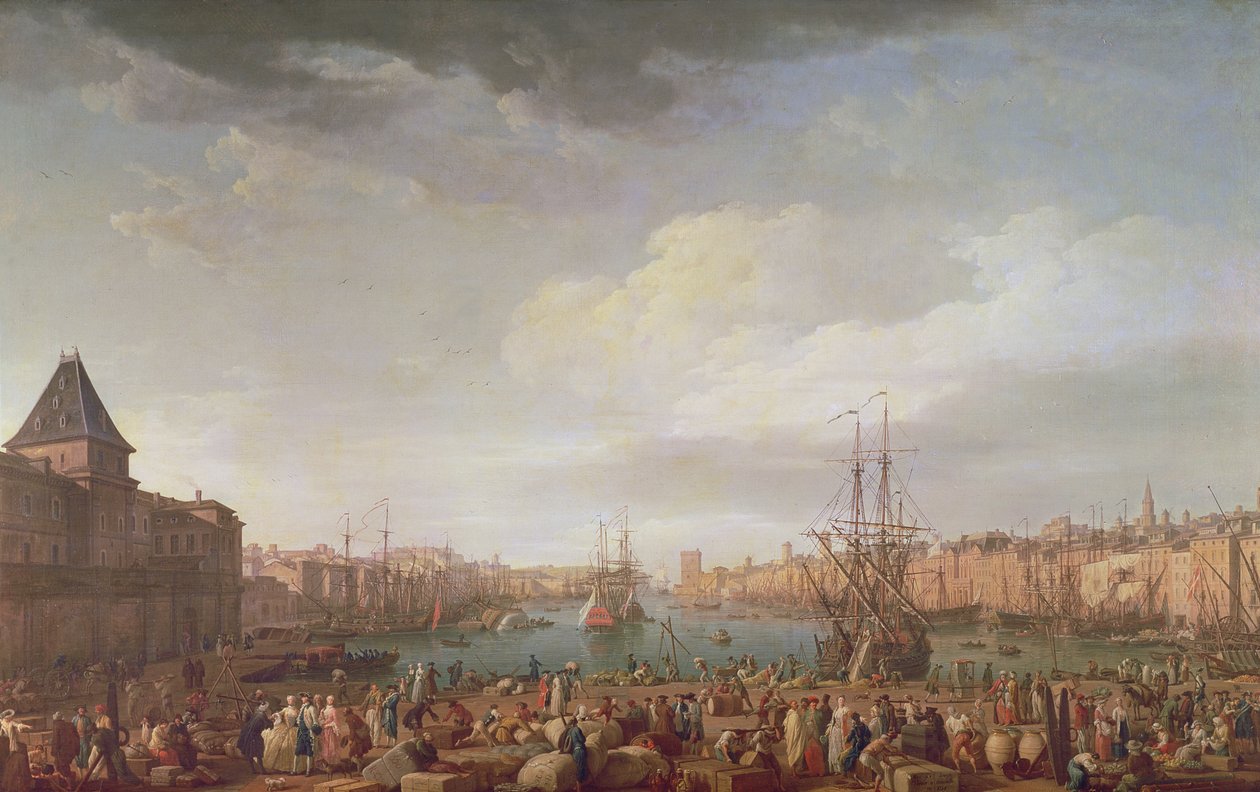 Vista de manhã do Porto Interior de Marselha e o Pavilhão do Horloge du Parc, 1754 de Claude Joseph Vernet