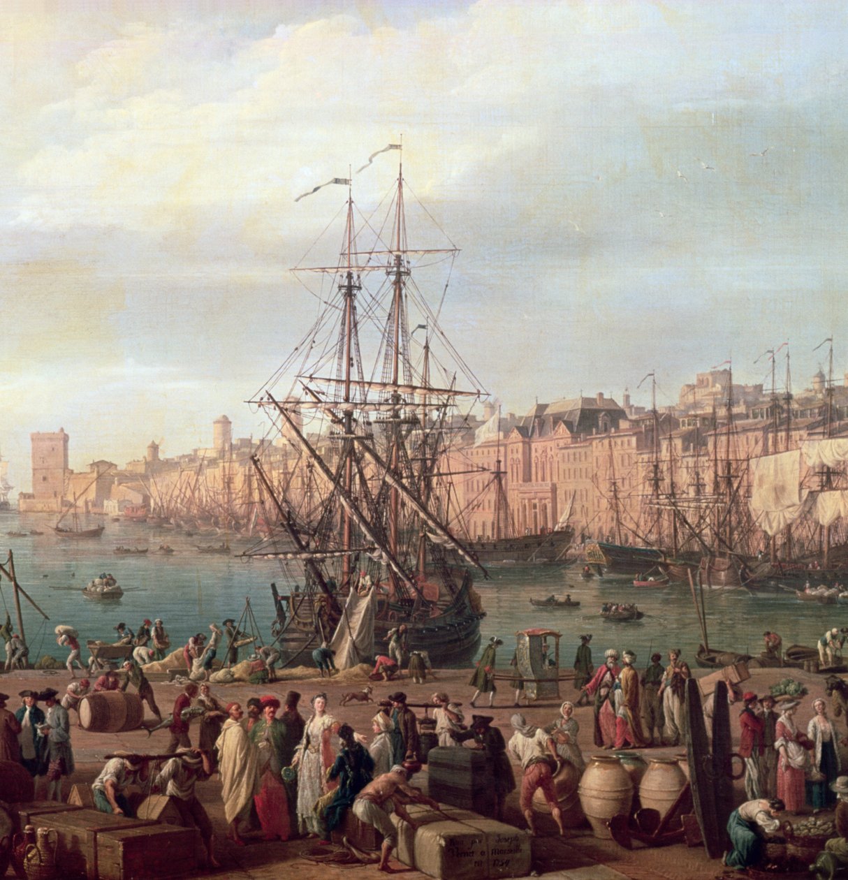 Vista de manhã do porto interior de Marselha e o Pavilhão do Horloge du Parc, 1754 (detalhe de 156103) de Claude Joseph Vernet