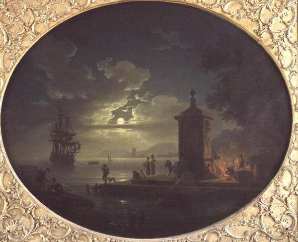 Boa noite: Uma paisagem costeira iluminada pelo luar com Fisherfolk junto a um incêndio num cais, um homem de guerra além de Claude Joseph Vernet