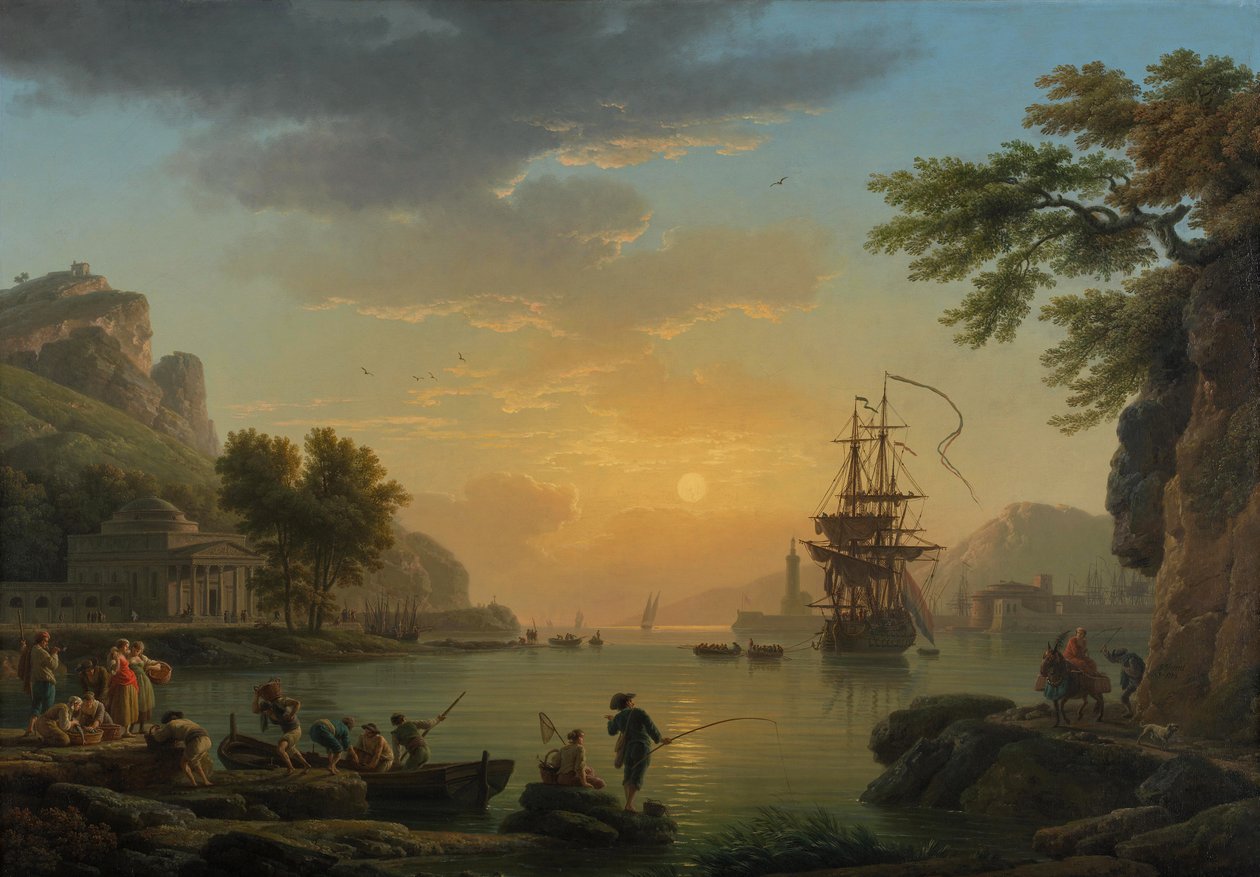 "Paysage au coucher de soleil avec retour de peche" (Uma paisagem ao pôr-do-sol com pescadores retornando com sua captura) Peinture de Claude Joseph Vernet (1714-1789) Óleo sobre tela 1773 Dim 114,5x164 cm Galeria Nacional, Londres de Claude Joseph Vernet