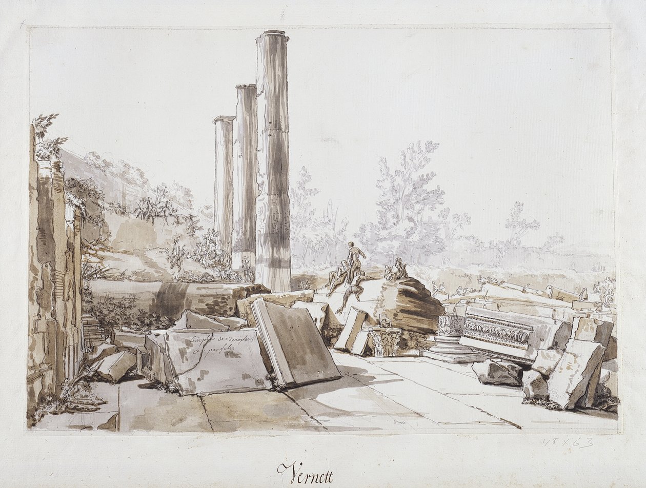 Ruínas do Templo de Serapis em Pozzuoli, 1750 (caneta e tinta e lavagem sobre giz preto sobre papel) de Claude Joseph Vernet