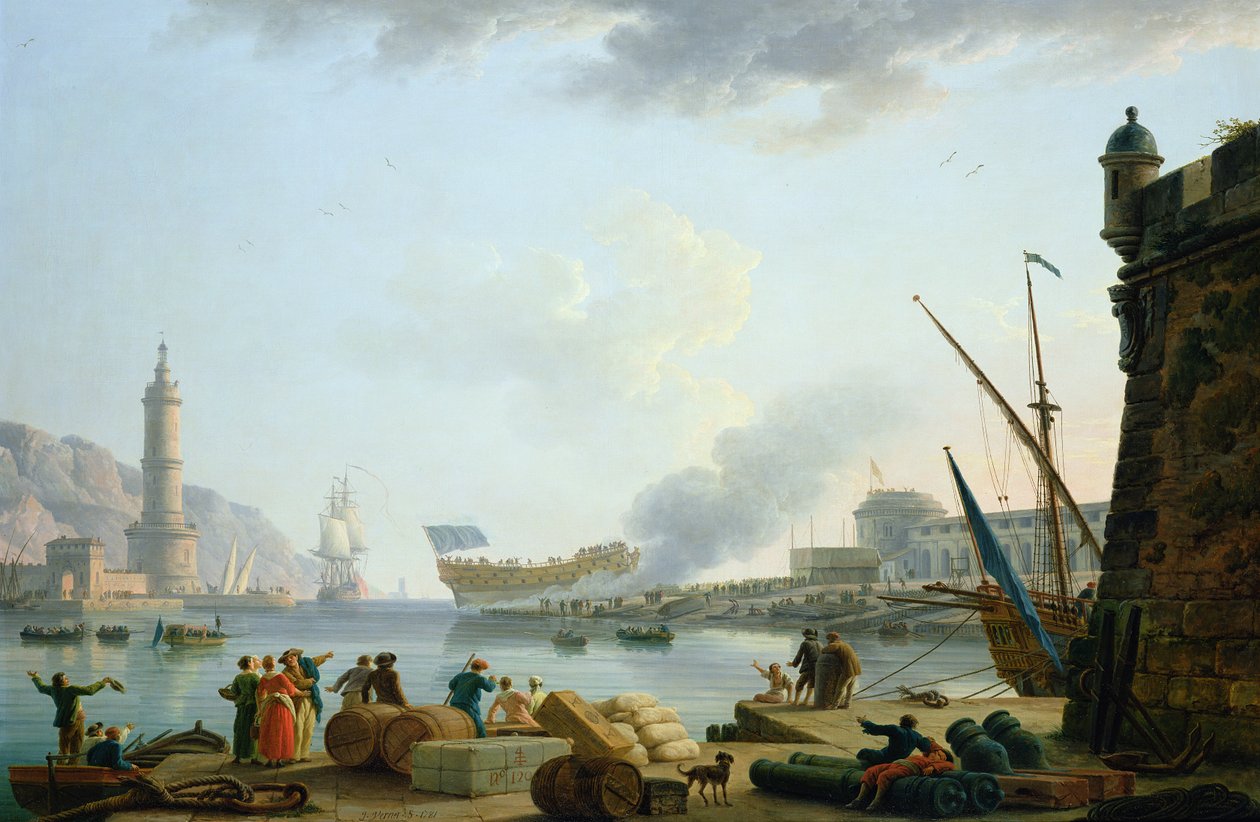 O lançamento do navio de guerra na foz de um porto, 1781 de Claude Joseph Vernet