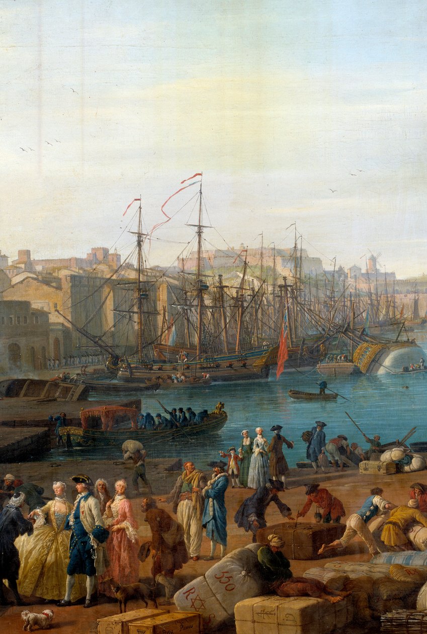 O porto de Marselha no século XVIII Detalhe representando a descarga de mercadorias. Pintura de Joseph Vernet (1714-1789) de Claude Joseph Vernet