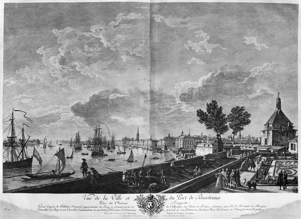 Vista da cidade e do porto de Bordeaux, vista do Chateau Trompette, série de "Les Ports de France", gravada por Charles Nicolas Cochin, o Jovem de Claude Joseph Vernet
