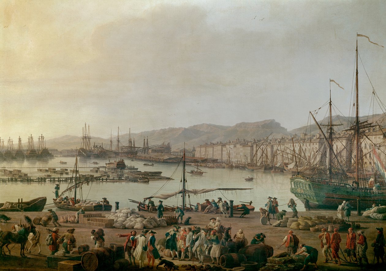Vista do porto de Toulon Detail, o antigo porto, vista da costa das lojas. Pintura de Joseph Vernet (1714-1789) 1756. Paris, Musee de la Marine - Vista do Porto Marítimo de Toulon. Detalhe. Pintura de Joseph Vernet (1714-1789), óleo sobre tela. de Claude Joseph Vernet