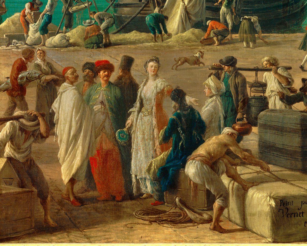 detalhe de: O porto de Marselha no século XVIII" Detalhe representando a descarga de mercadorias. Pintura de Joseph Vernet (1714-1789) Paris do século XVIII. Museu da Marinha de Claude Joseph Vernet