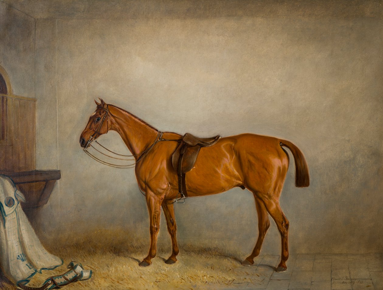 O Planeta do Cavalo num estábulo, c.1866 (óleo sobre tela) de Claude L. Ferneley
