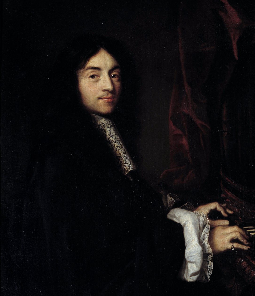 Detalhe de "Retrato do organista Charles Couperin (1638-1679) com a filha do pintor" Pintura de Claude Lefebvre (1632-1675) Sol do século XVII. 1,27x0,96 m de Claude Lefebvre
