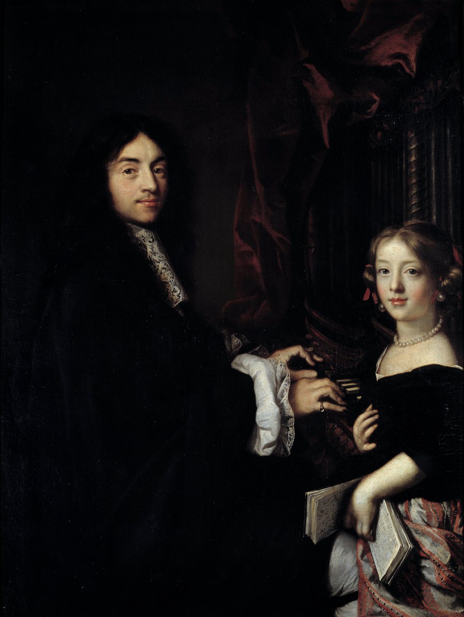 Retrato do organista Charles Couperin (1638-1679) com a filha do pintor Pintura de Claude Lefebvre (1632-1675) Sol do século XVII. 1,27x0,96 m de Claude Lefebvre