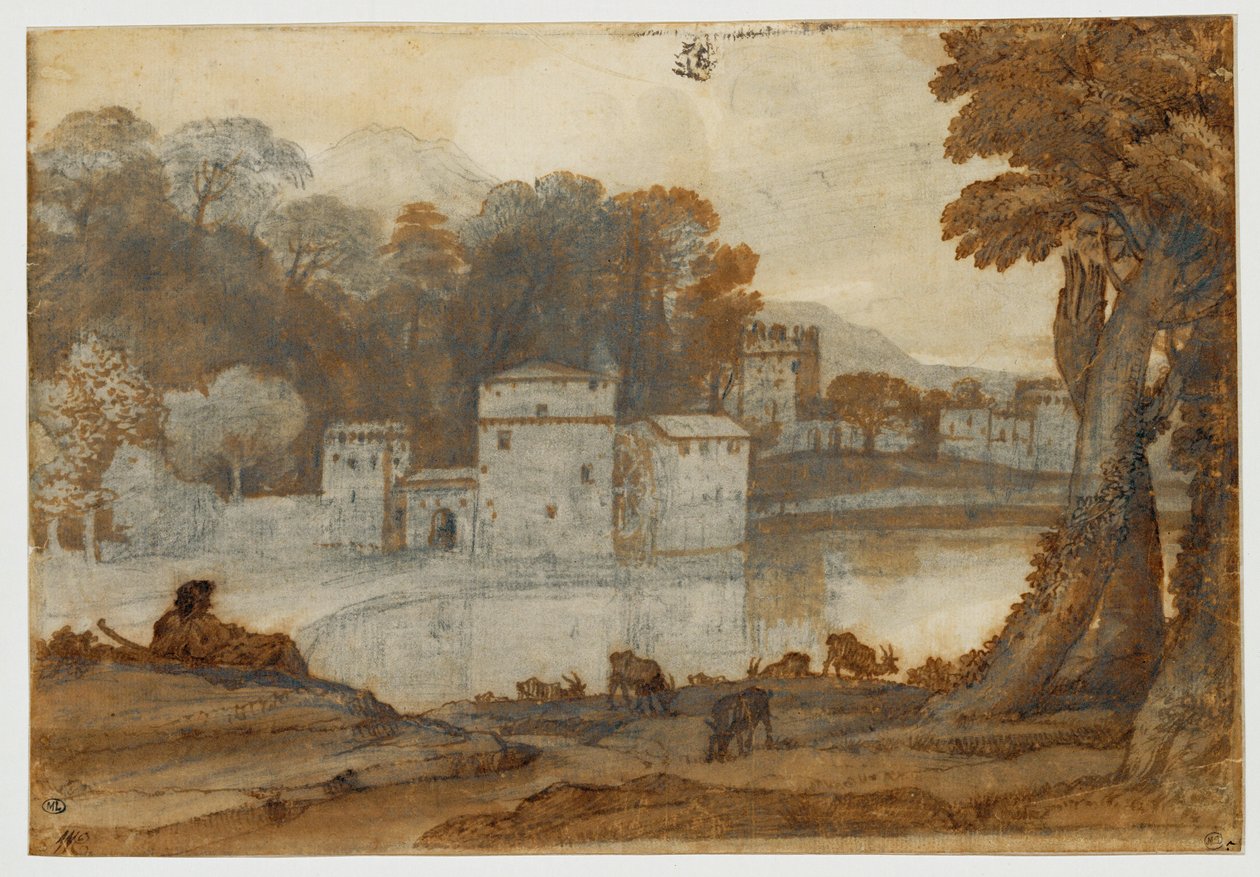 Pastor junto a um lago perto de um moinho fortificado ... de Claude Lorrain (1600 82)