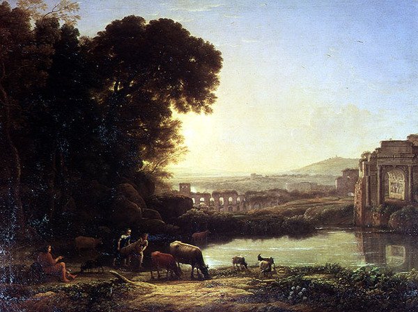 Gado e Cabrito bebendo por uma ruína de Claude Lorrain