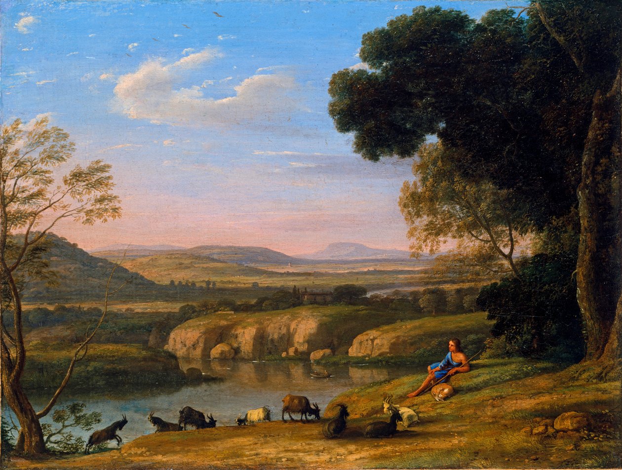 "Paysage au chevrier" (Paisagem fluvial com Goatherd) Peinture de Claude Lorrain (1600-1682) vers 1645 - Óleo sobre tela Dim 39,5x53 cm Niedersaechsisches Landesmuseum, Hannover de Claude  Lorrain