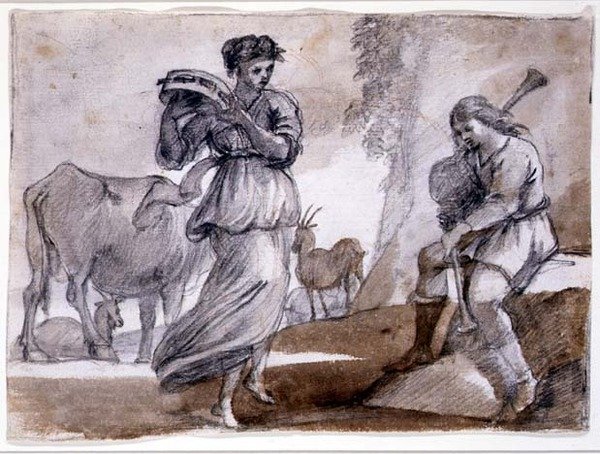 Dança Rural (giz preto e vermelho e lavagem em papel) de Claude Lorrain