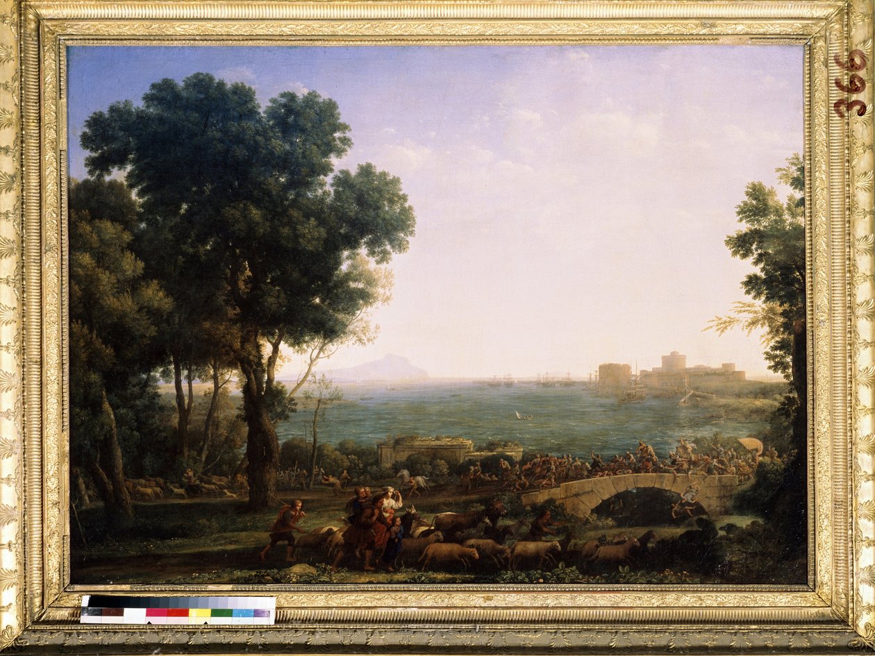 "Scene de bataille sur un pont" (Batalha na Ponte (Batalha entre Imperadores Maxentius e Constantino)) Bataille opposant Maxence (Marcus Aurelius Valerius Maxentius) a Constantin Ier sur le pont Milvius le 28/10/312 pres de Rome. Peinture de Claude G de Claude  Lorrain