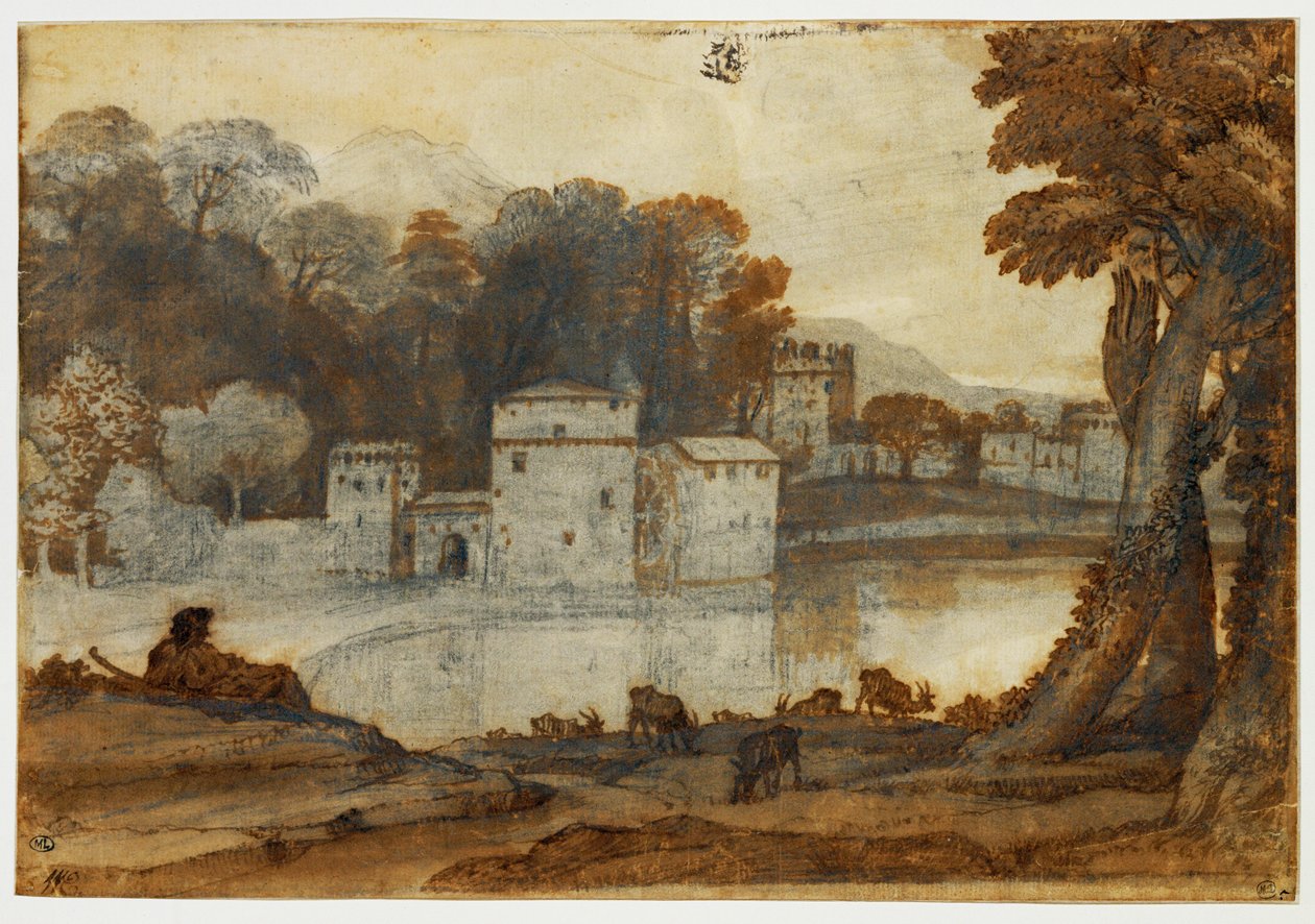 Pastor junto a um lago perto de um moinho fortificado ... de Claude Lorrain (1600 82)