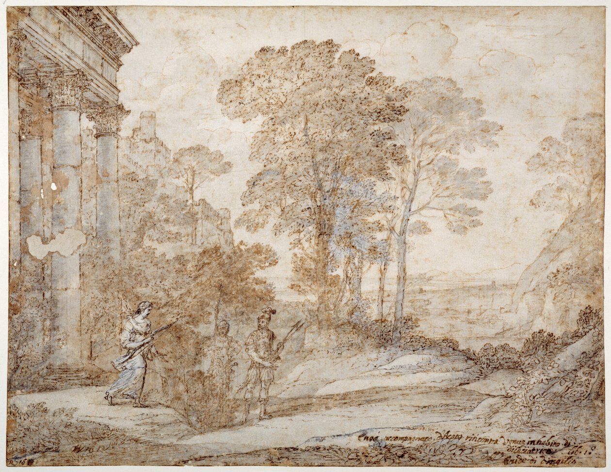 O Encontro entre Vênus e Enéas, c.1678 (caneta e tinta com lavagem em papel) de Claude Lorrain