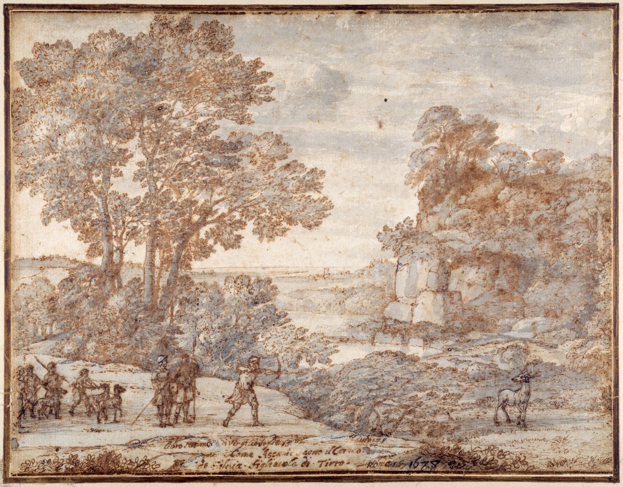Ascanius atirando no veado de Sylvia, c.1680 (caneta e tinta com lavagem em papel) de Claude Lorrain