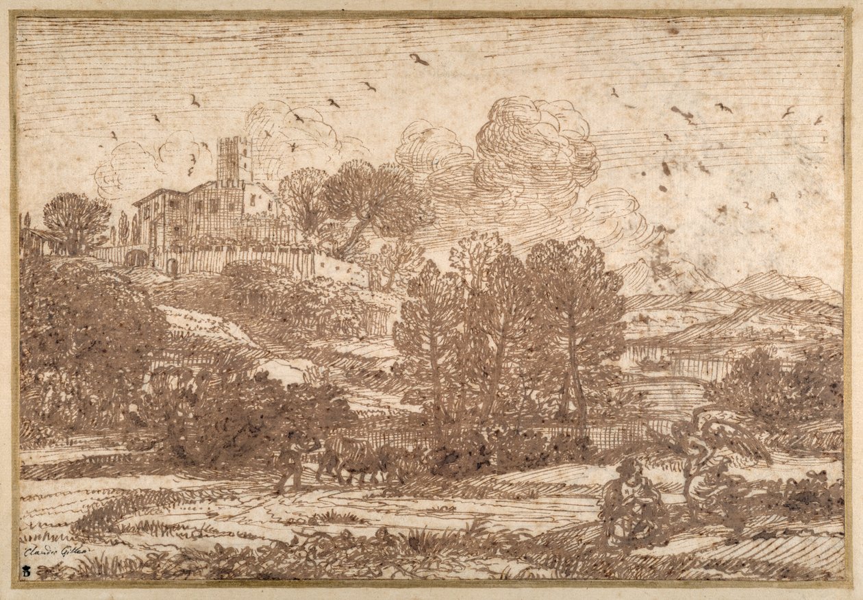 Hagar and the Angel (caneta e tinta castanha sobre papel) de Claude Lorrain