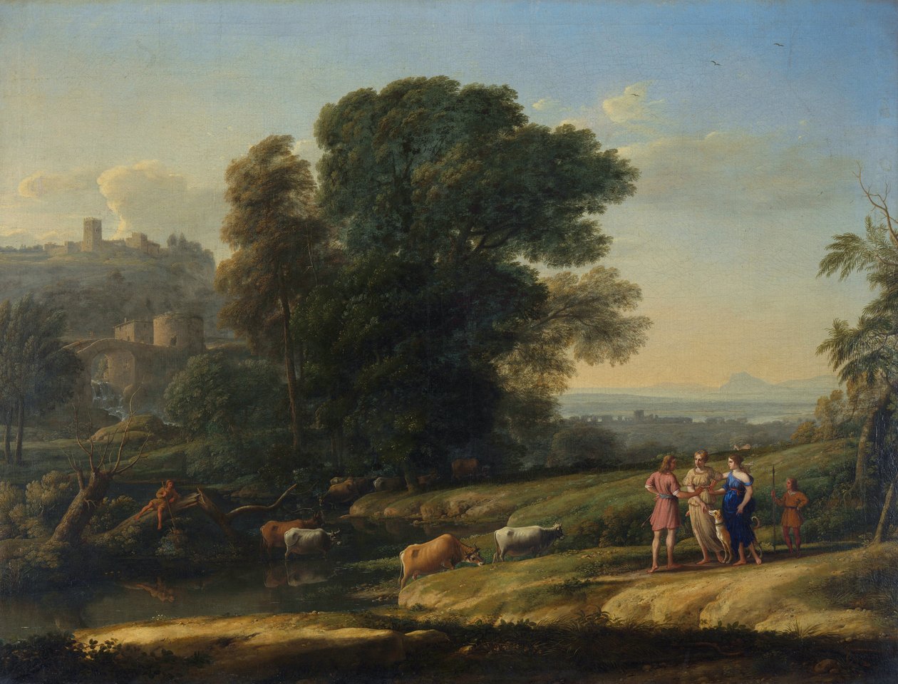 "Paysage avec Cephale et Procris reunis par Diane" (Paisagem com Cephalus e Procris reunido por Diana) Peinture de Claude Lorrain (1600-1682) Óleo sobre tela 1645 Dim 101,5x133 cm Galeria Nacional, Londres de Claude Lorrain