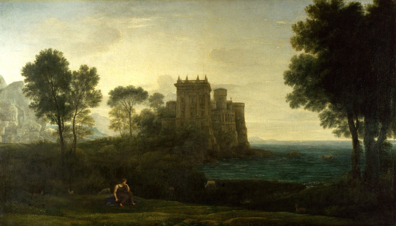 "Paysage avec Psyche devant le palais de Cupidon" ou "le palais enchante" (Paisagem com Psyche fora do palácio de Cupido ou do castelo encantado) Peinture de Claude Lorrain (1600-1682) Óleo sobre tela 1664 Dim 87,1x151,3 cm Galeria Nacional, Londres de Claude Lorrain