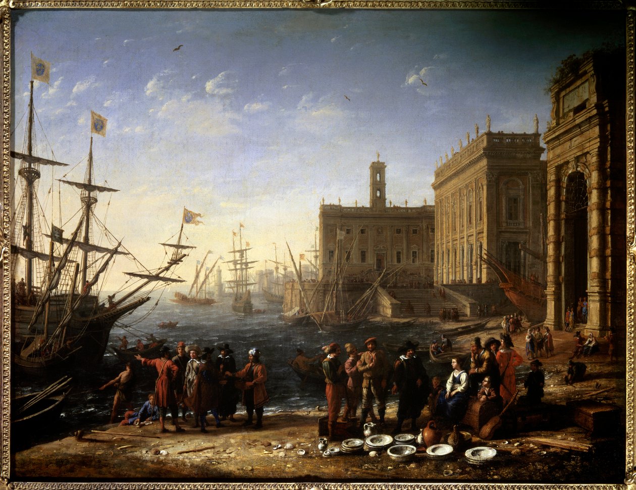 Vista de um porto com a vista do Capitólio da cidade de Roma na Itália. Pintura de Claude Gellee chamada Lorrain (1600-1682) Sol do século XVII. 0,56x0,82 m Paris, Musee du Louvre. de Claude Lorrain