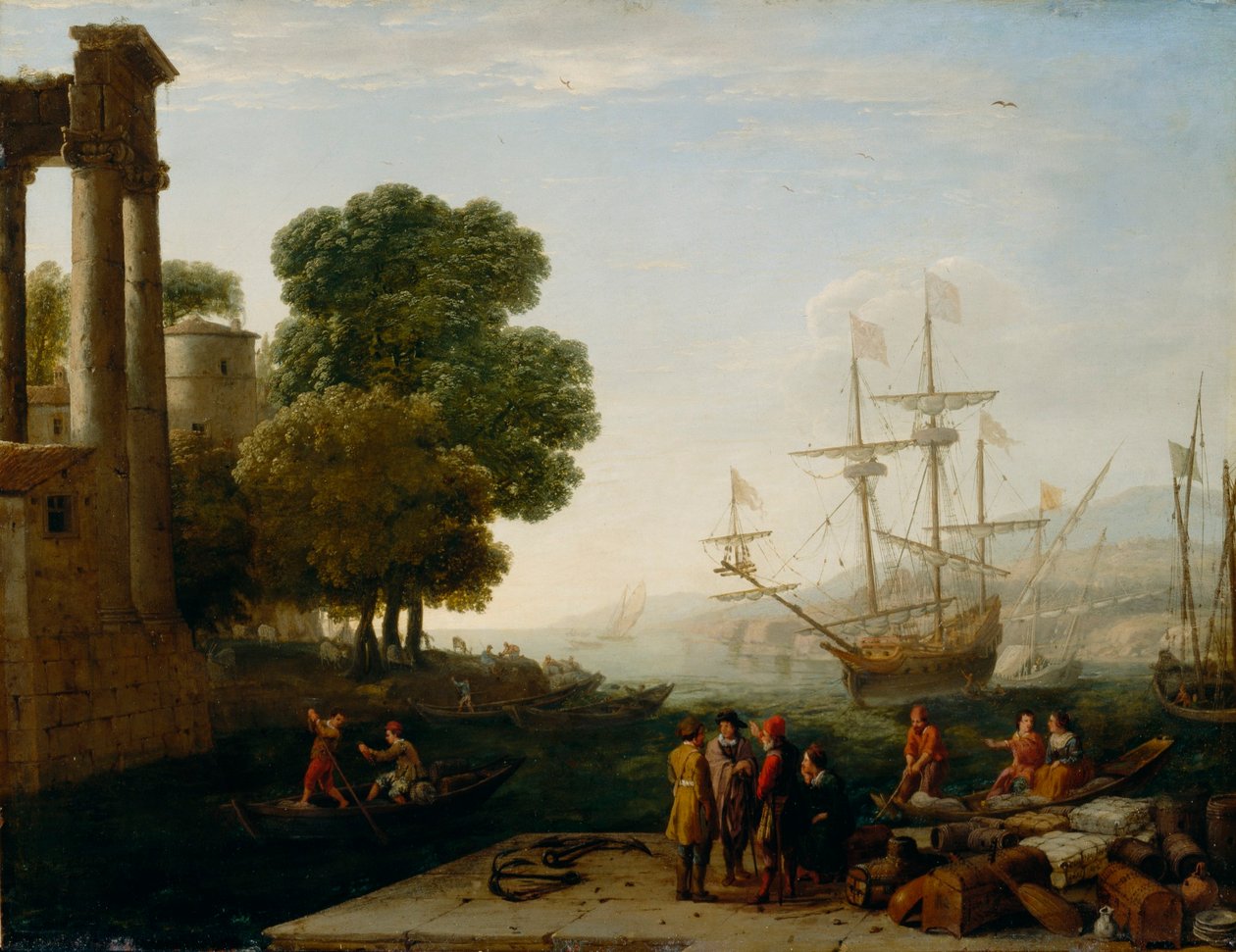 Um porto marítimo ao pôr do sol de Claude Lorrain