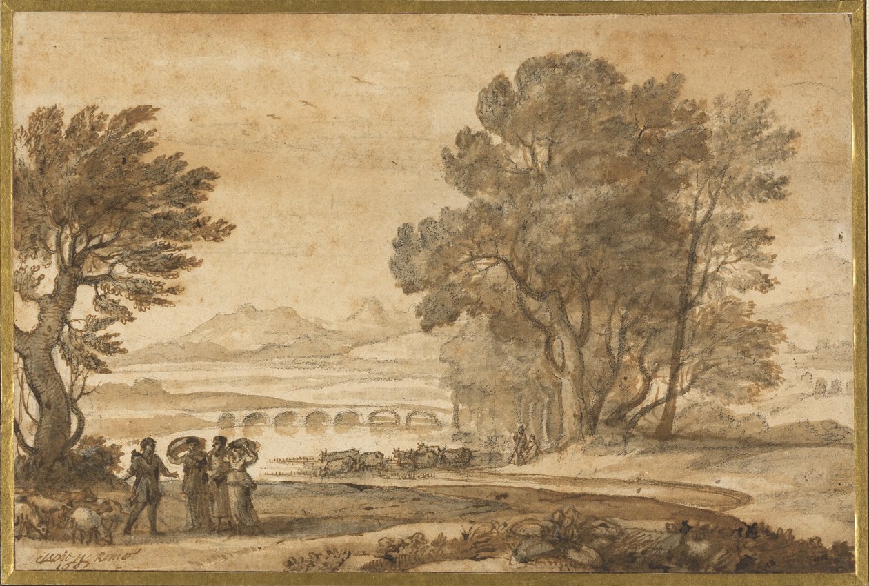 Paisagem de um rio arborizado com Jacob, Labão e as suas filhas de Claude Lorrain