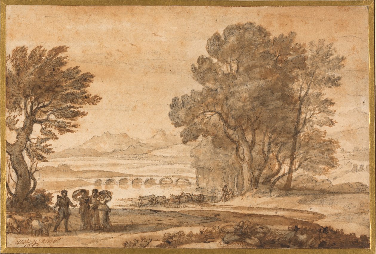 Paisagem de um rio arborizado com Jacob, Labão e as suas filhas