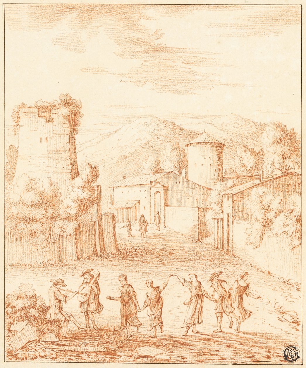 Dançarinos e músicos diante da aldeia com a torre em ruínas de Claude Lorrain
