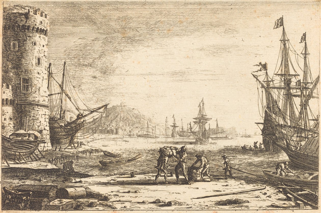Porto com uma grande torre (tour Le Port de mer à la grosse) de Claude Lorrain