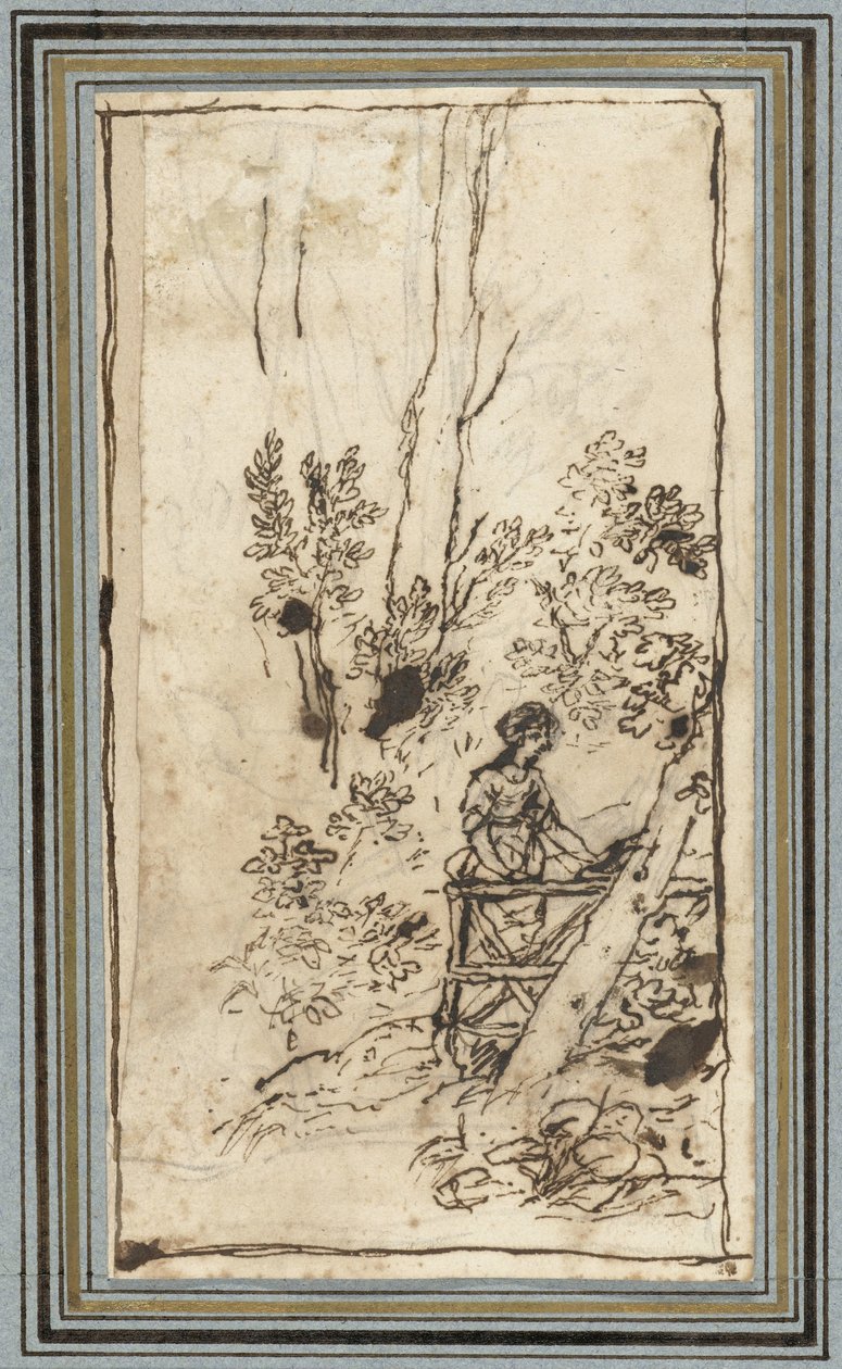 Jovem de pé por uma cerca em uma floresta Estudos de animais do Álbum Animal. (título da série) de Claude Lorrain