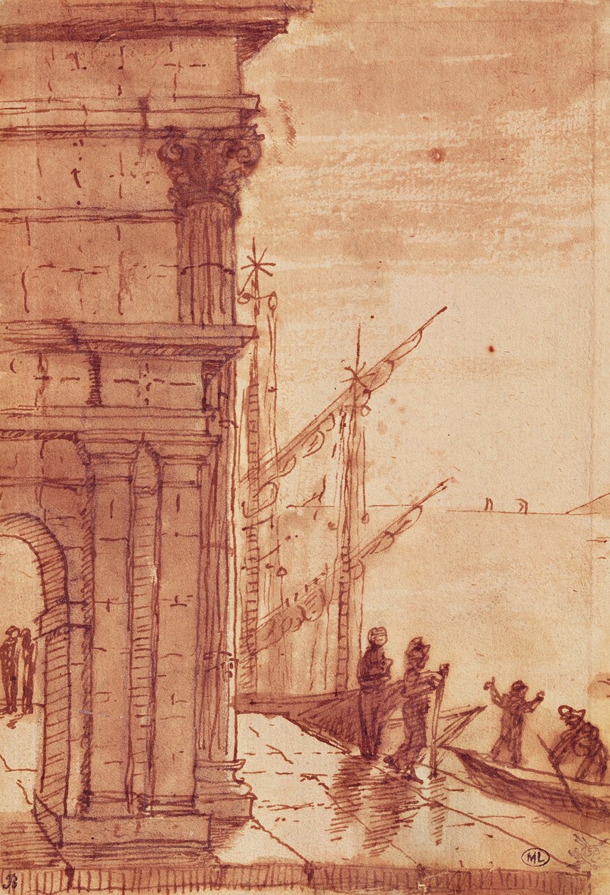 Estádio de aterrissagem ao amanhecer (caneta, tinta marrom, lavagem marrom e giz preto) de Claude Lorrain