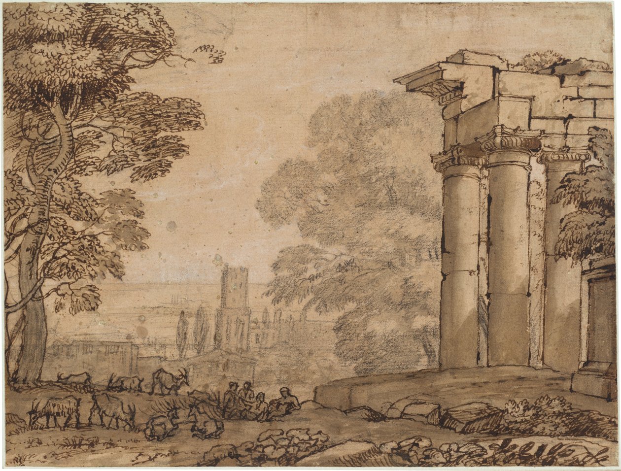 Paisagem com ruínas, figuras pastorais e árvores de Claude Lorrain