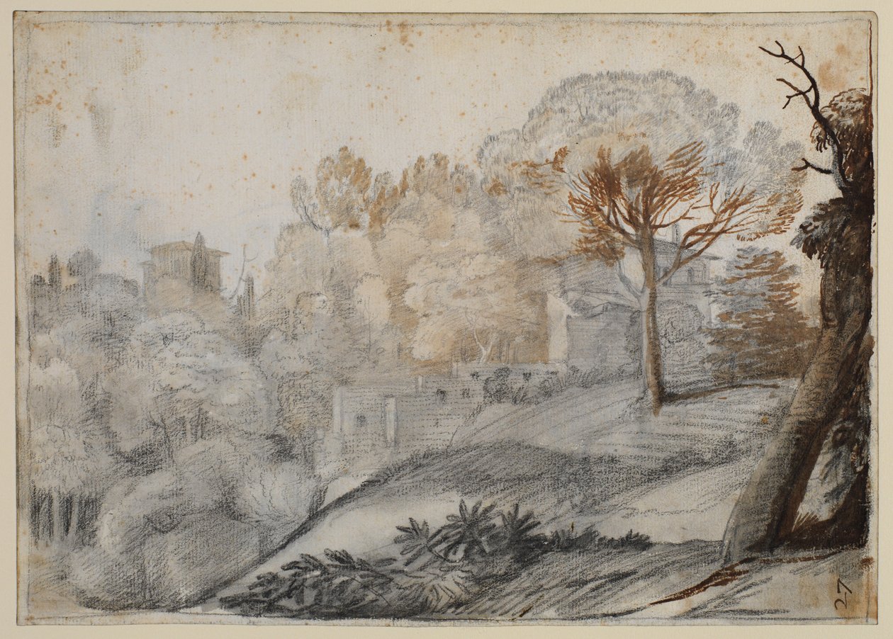 Paisagem com árvores e edifícios de Claude Lorrain