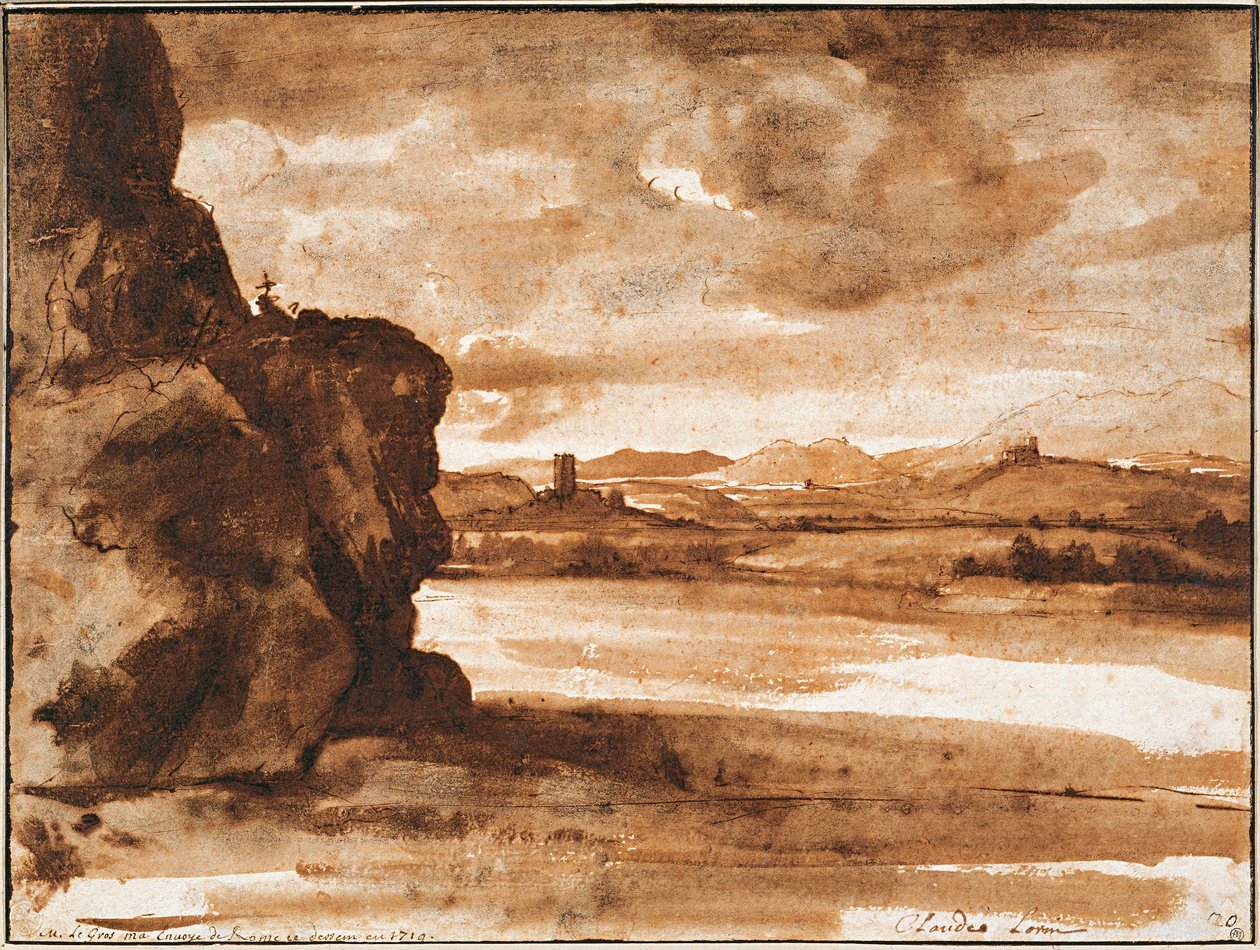 "Tiber Landscape north of roma with dark cloudy sky" Desenho da caneta de Claude Lorrain (1600-1682) Cerca de 1630-1640 Dim 19,9x26,7 cm Albertina, Viena de Claude Lorrain
