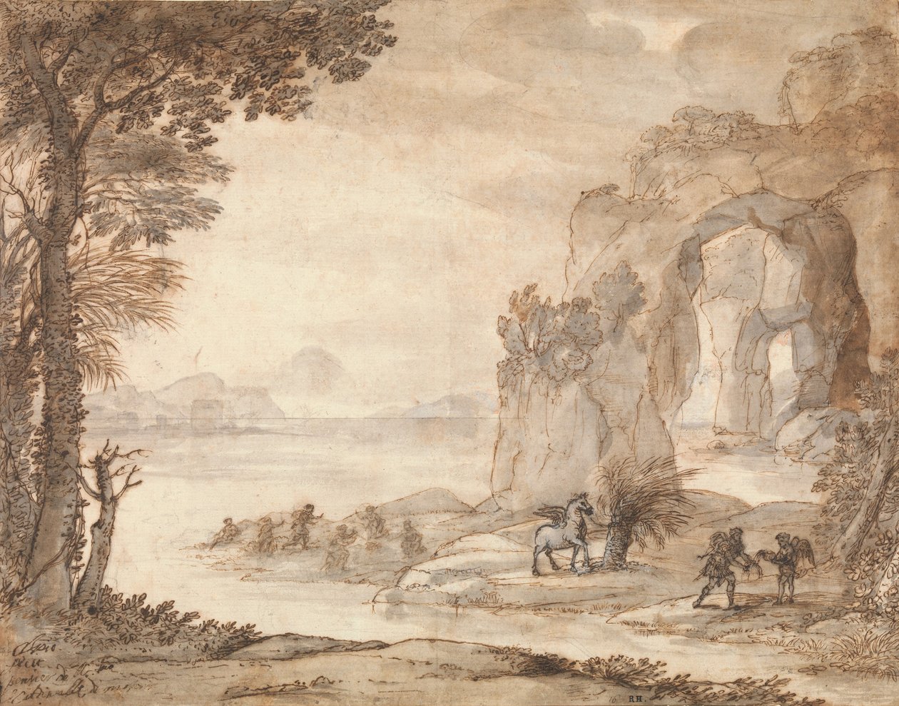 Perseu e a origem do coral, c.1671 (giz preto, sépia e tinta preta, sépia e cinza, lavados com branco) de Claude Lorrain