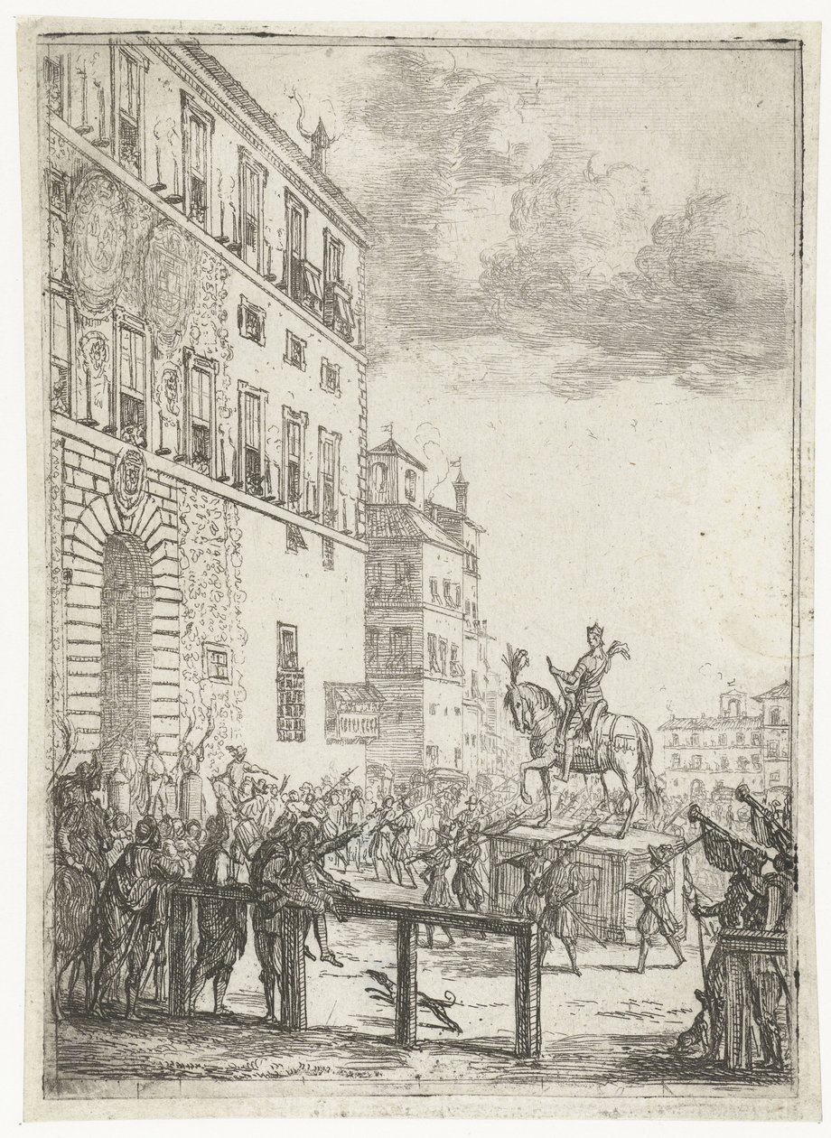 Estátua equestre do Imperador do Sacro Império Romano
Le Statue equestre du roi des romains
Fogos de artifício e festividades para assinalar o recém-eleito imperador do Sacro Império Romano (título da série) de Claude Lorrain