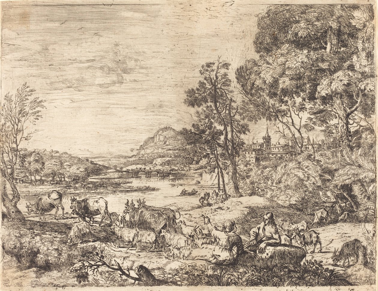 Pastor e pastora conversando em uma paisagem (Berger et bergère conversant) de Claude Lorrain