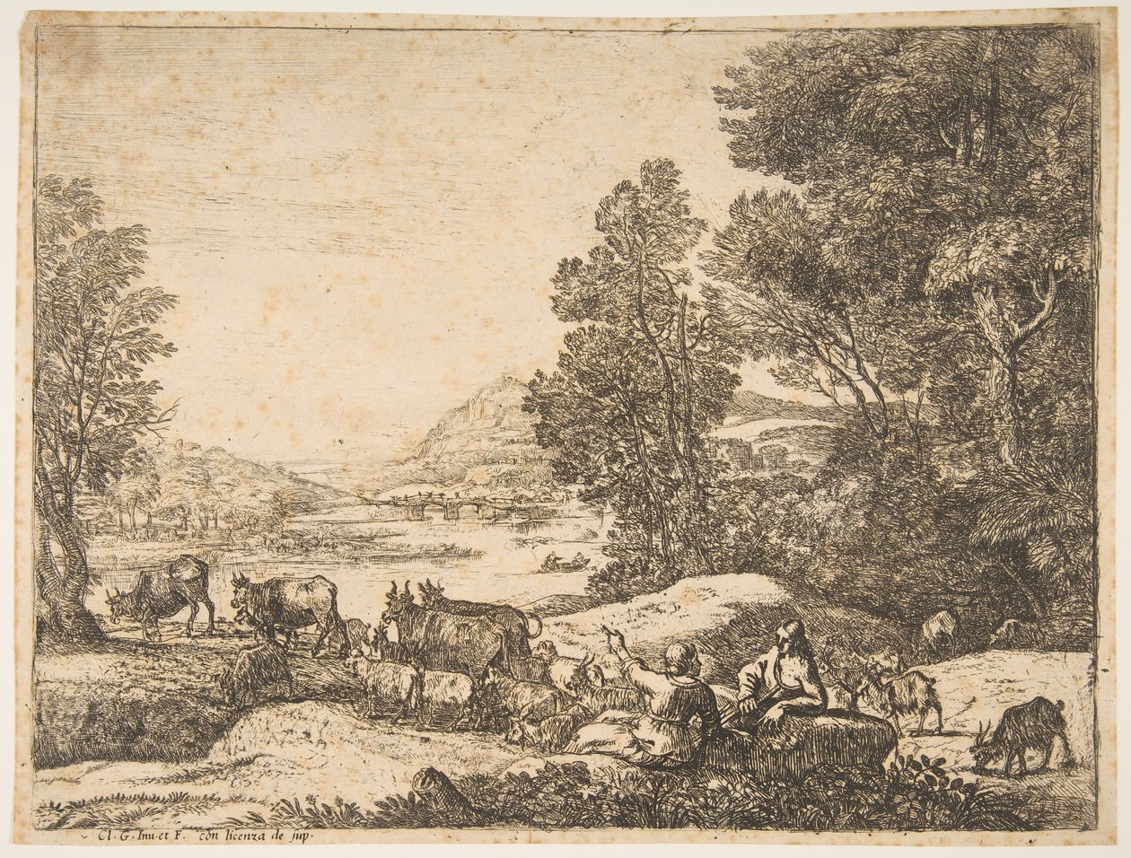 Pastor e pastora conversando em uma paisagem, ca. 1651. de Claude Lorrain
