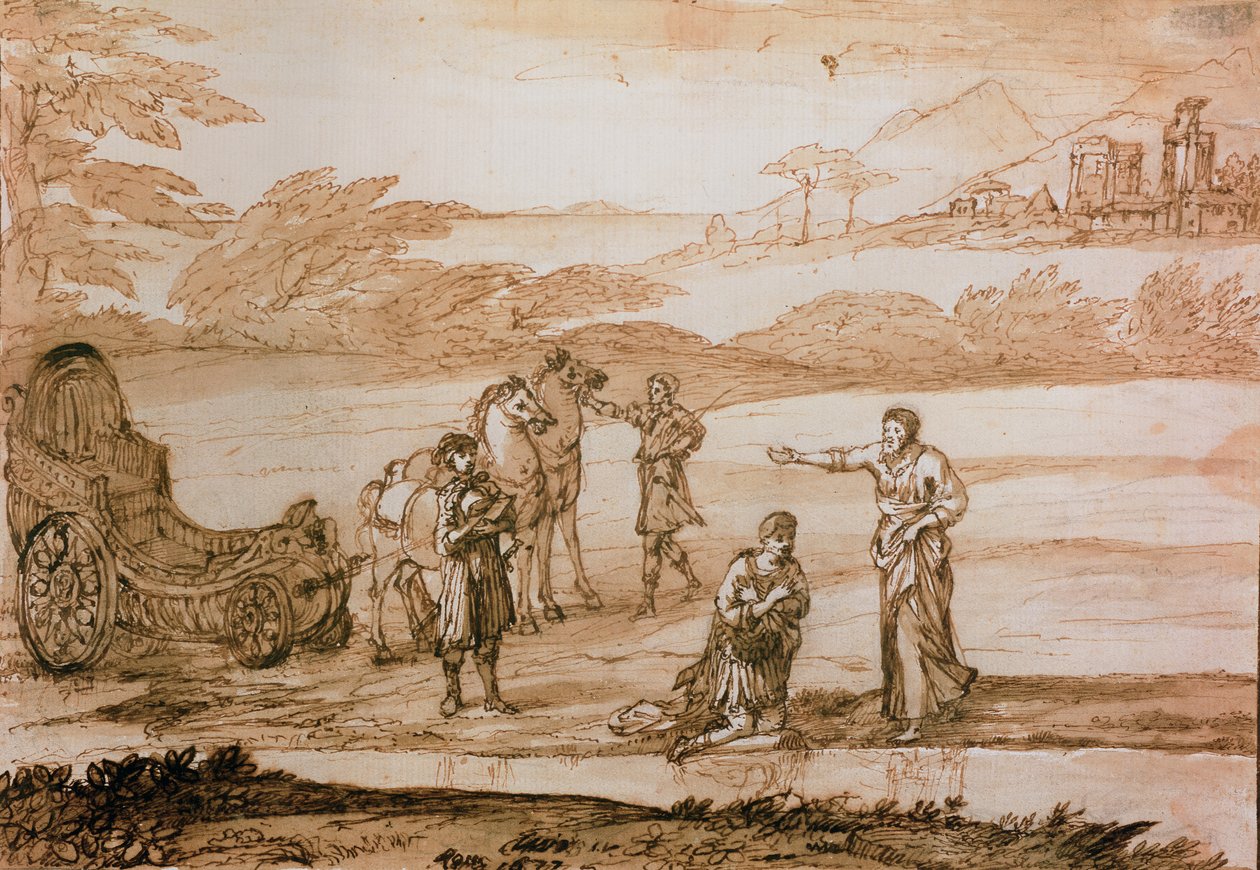 São Filipe Batizando o Eunuco, 1677 (tinta e papel) de Claude Lorrain