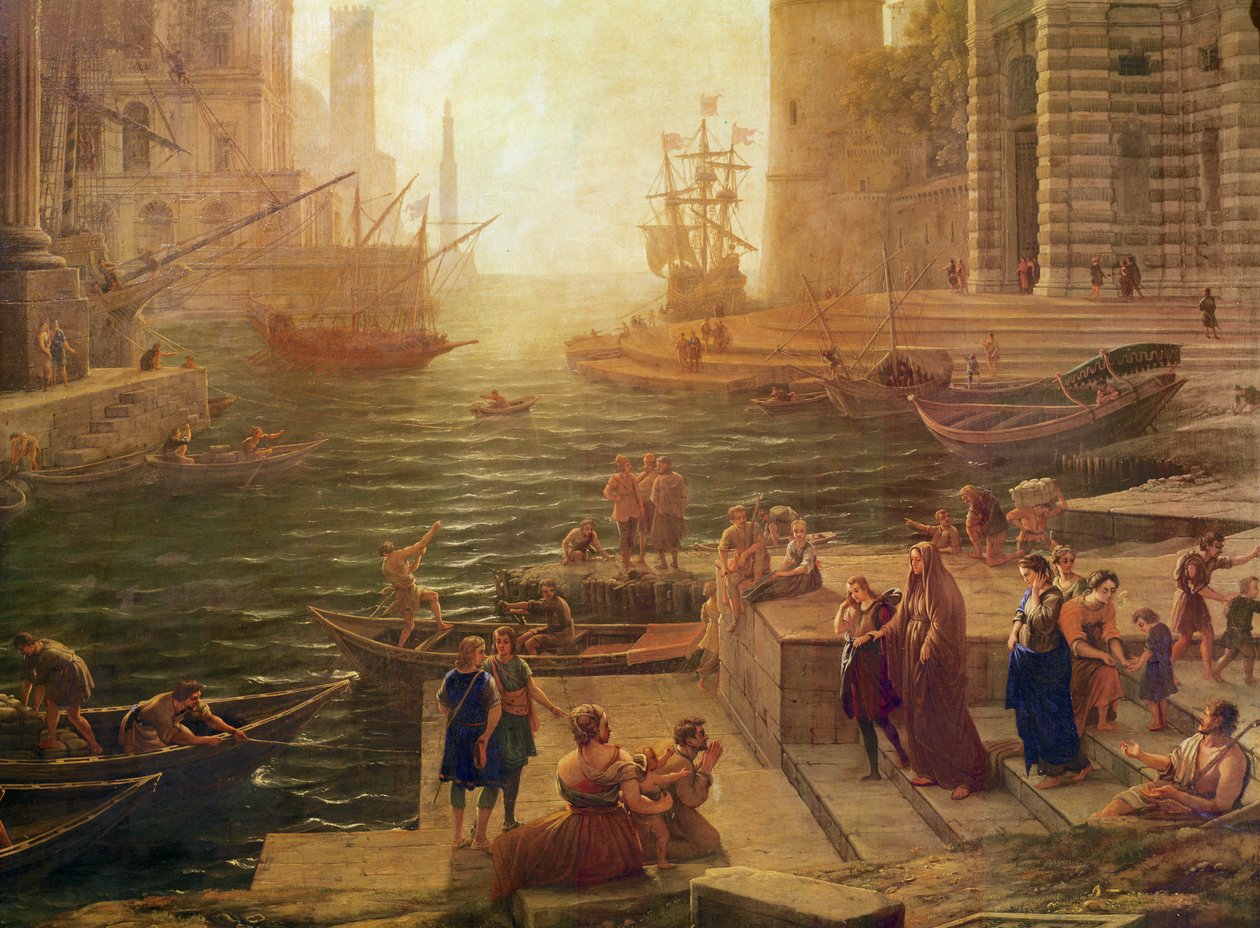 O embarque do Santo Romano São Paulo em Ostia detalhe da seção inferior, 1639-40 óleo sobre tela de Claude Lorrain