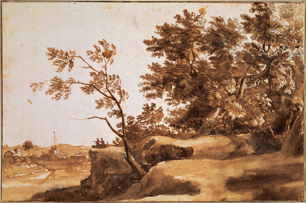 Paisagem do Tibre com Castel SantAngelo ao fundo, entre 1630 e 1640 de Claude Lorrain