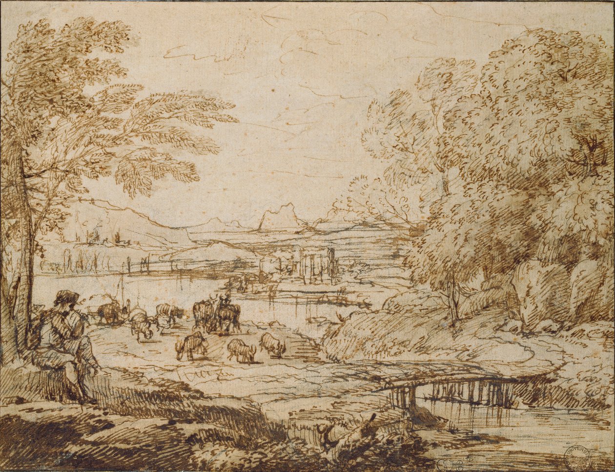 Jovens tocando um cachimbo em uma paisagem pastoral, década de 1640 de Claude Lorrain