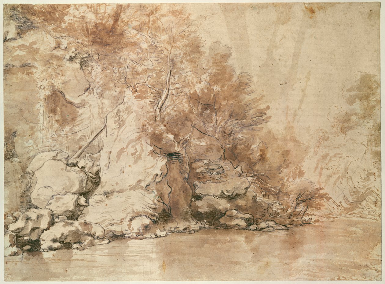 Um estudo para uma paisagem (caneta e bistre e lavar no papel) de Claude Lorrain