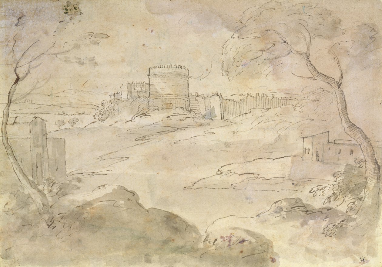 Paisagem com uma cidade fortificada (tinta e lavar no papel) de Claude Lorrain
