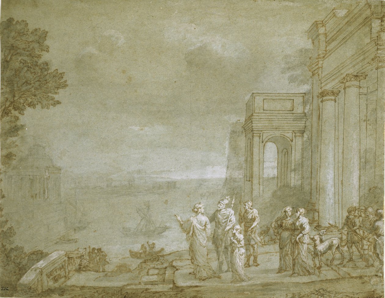 Vista de Cartago com Dido e Aeneas, 1676 (caneta e tinta com lavagem e giz, aumentada com branco sobre papel) de Claude Lorrain