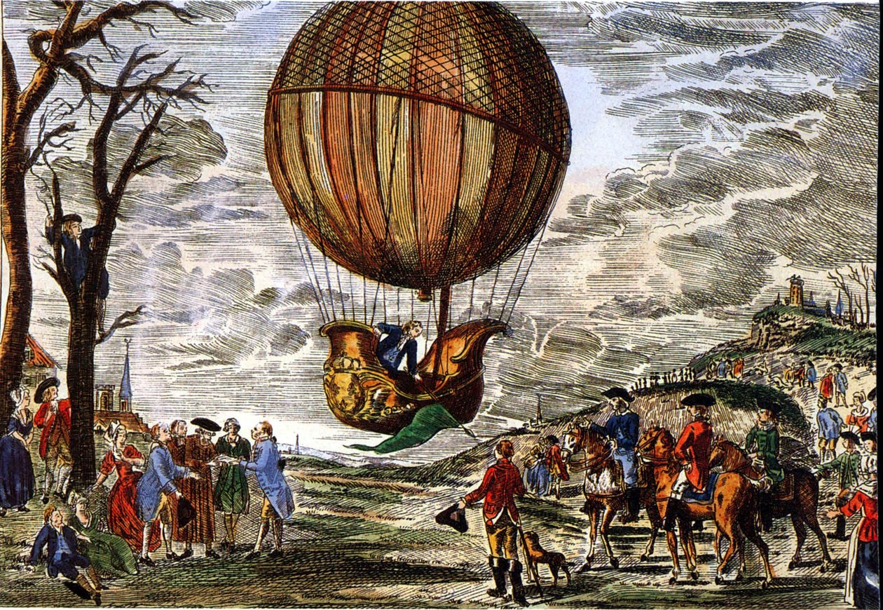 Voo de um balão de ar quente sob o olhar do duque de Chartres em 1783, gravura de Claude Louis (after) Desrais